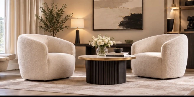 Illustration d’ambiance : deux fauteuils ivoire autour d’une table dans un salon lumineux